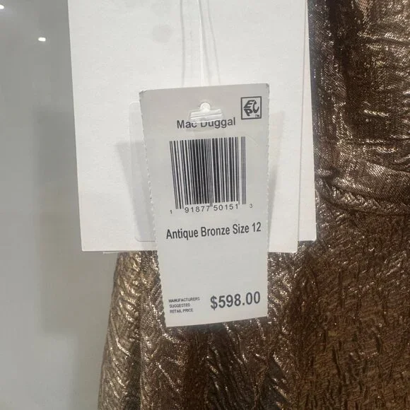 Mac Duggal Metallic Gold One-Shoulder Gown With Ruffle Detail & High Slit Size - Picture 8 of 8